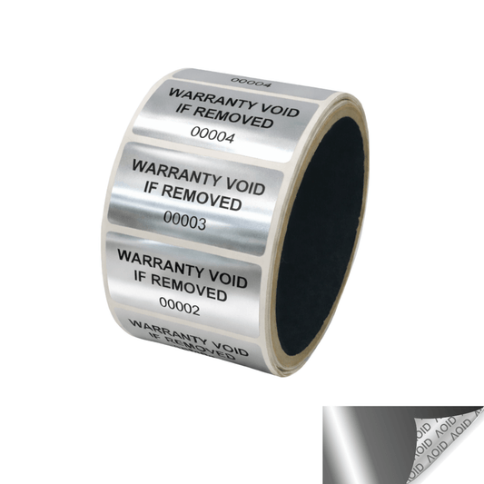 10,000 Finish Tamper Evident Metallic Silver / Chrome Non Residue Security Labels TamperGuard® Seal Sticker, Rectangle 2" x 1" (51mm x 25mm). Printed: Warranty Void if Removed + Serialized