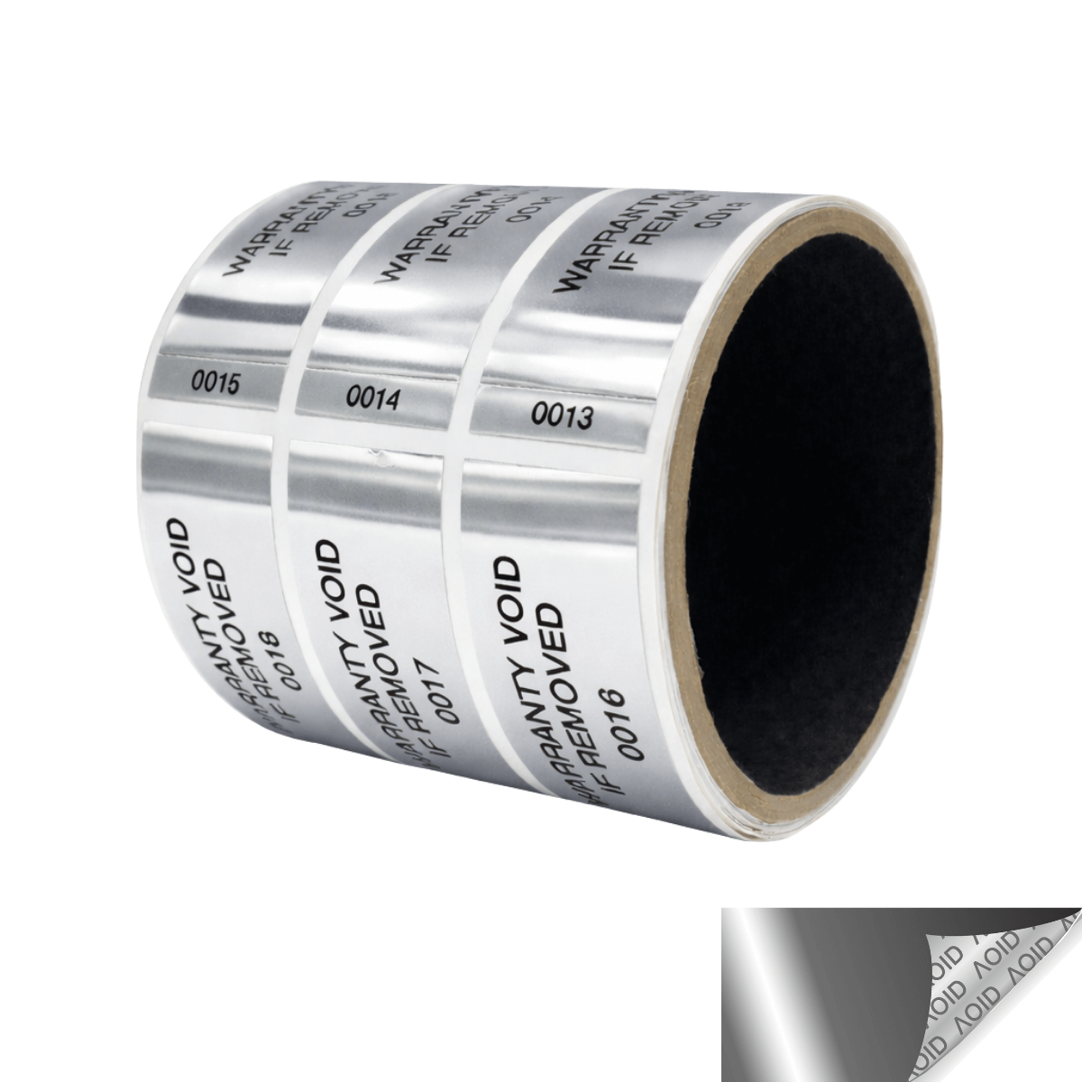 1,000 Tamper-Evident Metallic Silver / Chrome Non Residue Security Labels TamperGuard® Seal Sticker , Rectangle 2.75" x 1" (70mm x 25mm). Printed: Warranty Void if Removed + Serialized