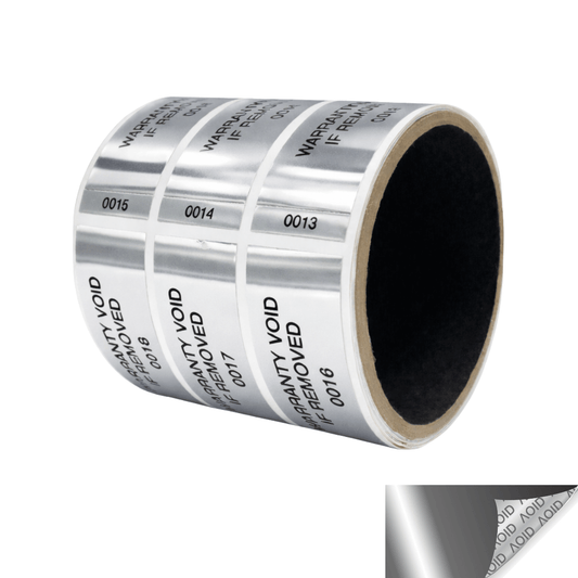 500 Tamper-Evident Metallic Silver / Chrome Non Residue Security Labels TamperGuard® Seal Sticker , Rectangle 2.75" x 1" (70mm x 25mm). Printed: Warranty Void if Removed + Serialized
