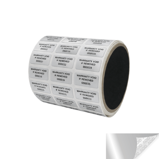 5,000 Silver Matte TamperGuard® Tamper Evident Security Label Seal Sticker Non Residue, Rectangle 1"x 0.5" (25mm x 13mm). Printed: Warranty Void if Removed + Serial Number.