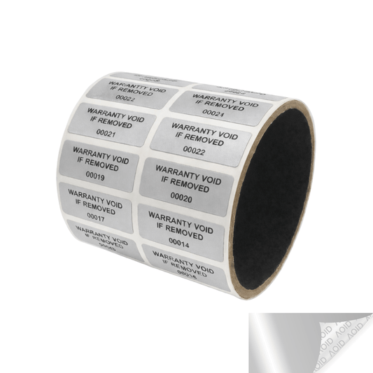 500 Tamper-Evident Metallic Silver Matte Non Residue Security Labels TamperGuard® Seal Sticker, Rectangle 1.5" x 0.6" (38mm x 15mm). Printed: Warranty Void if Removed + Serialized