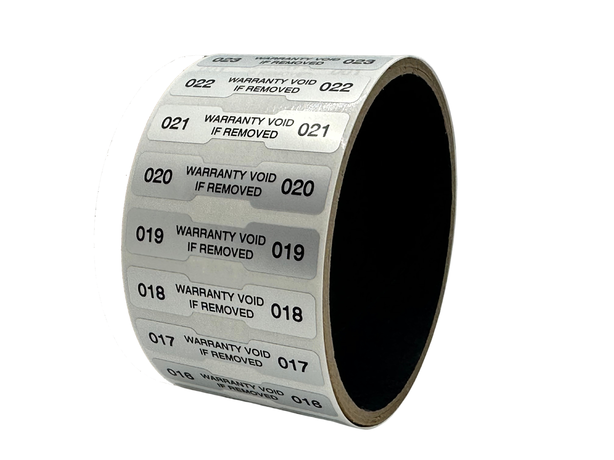 2,000 Tamper Evident Metallic Silver Matte Non Residue Security Labels TamperGuard® Seal Sticker, Dogbone 1.75" x 0.375" (44mm x 9mm). Printed: Warranty Void if Removed + Serialized