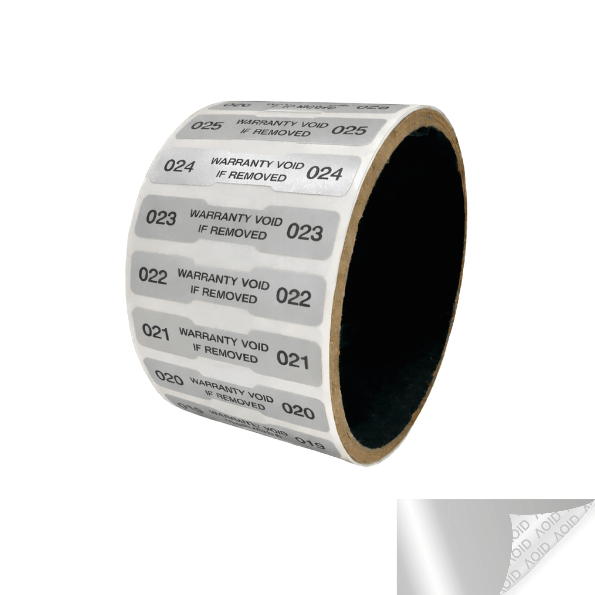 500 Tamper Evident Metallic Silver Matte Non Residue Security Labels TamperGuard® Seal Sticker, Dogbone 1.75" x 0.375" (44mm x 9mm). Printed: Warranty Void if Removed + Serialized