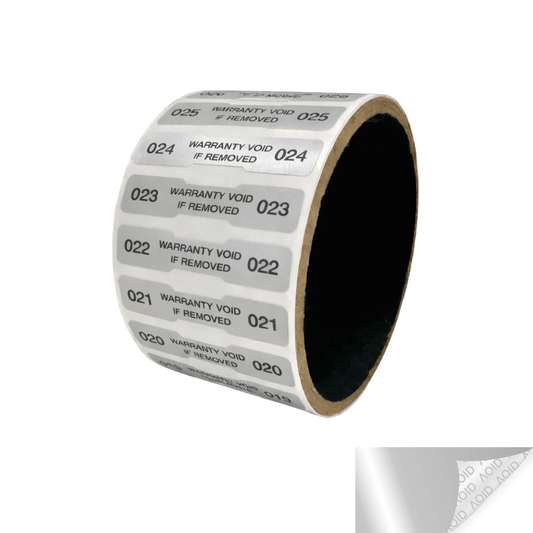 500 Tamper Evident Metallic Silver Matte Non Residue Security Labels TamperGuard® Seal Sticker, Dogbone 1.75" x 0.375" (44mm x 9mm). Printed: Warranty Void if Removed + Serialized