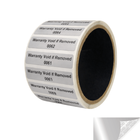 500 Tamper Evident Metallic Silver Matte Non Residue Security Labels TamperGuard® Seal Sticker, Rectangle 2" x .5" (51mm x 13mm). Printed: Warranty Void if Removed + Serialized