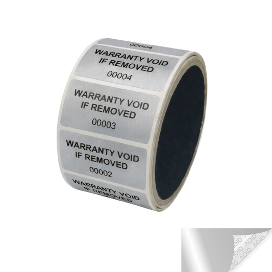 500 Tamper Evident Metallic Silver Matte Non Residue Security Labels TamperGuard® Seal Sticker, Rectangle 2" x 1" (51mm x 25mm). Printed: Warranty Void if Removed + Serialized