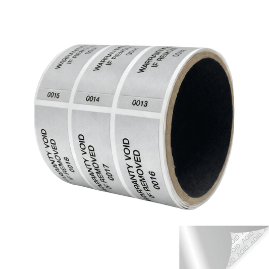 500 Tamper-Evident Metallic Silver Matte Non Residue Security Labels TamperGuard® Seal Sticker, Rectangle 2.75" x 1" (70mm x 25mm). Printed: Warranty Void if Removed + Serialized