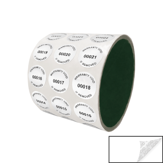 250 Tamper Evident White Non Residue Security Labels TamperGuard® Seal Sticker, Round/ Circle 0.75" diameter (19mm). Printed: Warranty Void if Removed + Serialized