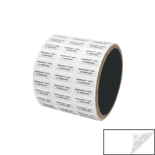 5,000 White TamperGuard® Tamper Evident Security Label Seal Sticker Non Residue, Rectangle 0.75" x 0.25" (19mm x 6mm). Printed: Warranty Void if Removed + Serial Number.