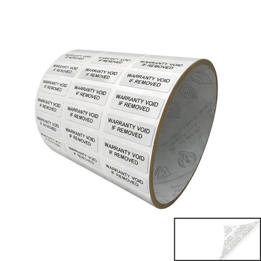 500 White TamperGuard® Tamper Evident Security Label Seal Sticker Non Residue, Rectangle 1"x 0.375" (25mm x 9mm). Printed: Warranty Void if Removed + Serial Number.