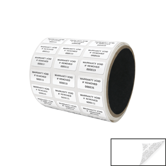 5,000 White TamperGuard® Tamper Evident Security Label Seal Sticker Non Residue, Rectangle 1"x 0.5" (25mm x 13mm). Printed: Warranty Void if Removed + Serial Number.
