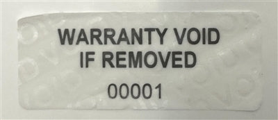 5,000 Tamper Evident White Non Residue Security Labels TamperGuard® Seal Sticker, Rectangle 1.5" x 0.6" (38mm x 15mm). Printed: Warranty Void if Removed + Serialized