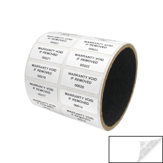 500 Tamper Evident White Non Residue Security Labels TamperGuard® Seal Sticker, Rectangle 1.5" x 0.6" (38mm x 15mm). Printed: Warranty Void if Removed + Serialized