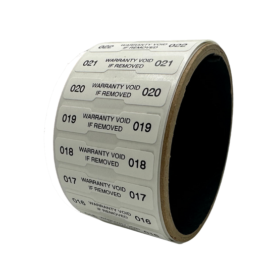 2,000 Tamper Evident White Non Residue Security Labels TamperGuard® Seal Sticker, Dogbone 1.75" x 0.375" (44mm x 9mm). Printed: Warranty Void if Removed + Serialized