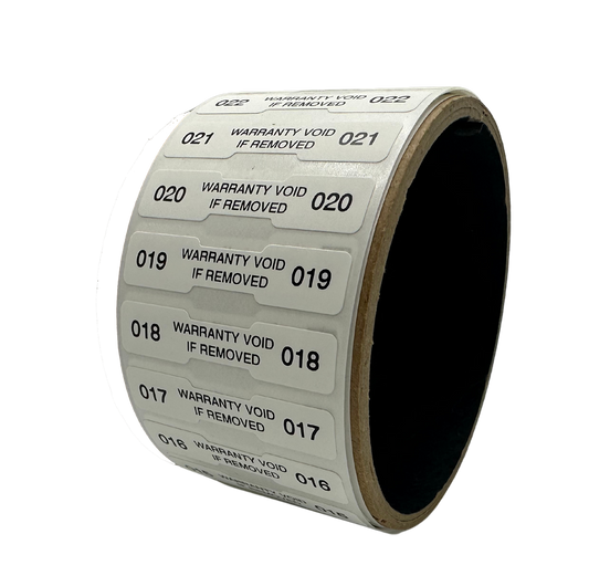 5,000 Tamper Evident White Non Residue Security Labels TamperGuard® Seal Sticker, Dogbone 1.75" x 0.375" (44mm x 9mm). Printed: Warranty Void if Removed + Serialized