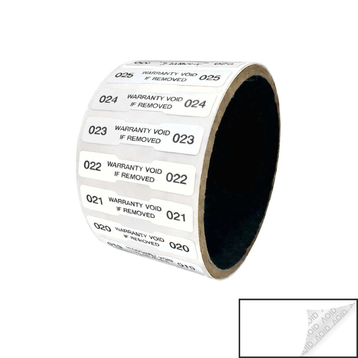250 Tamper Evident White Non Residue Security Labels TamperGuard® Seal Sticker, Dogbone 1.75" x 0.375" (44mm x 9mm). Printed: Warranty Void if Removed + Serialized