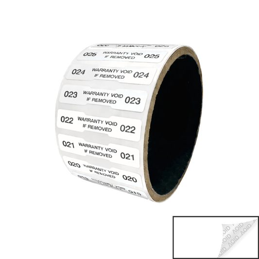 250 Tamper Evident White Non Residue Security Labels TamperGuard® Seal Sticker, Dogbone 1.75" x 0.375" (44mm x 9mm). Printed: Warranty Void if Removed + Serialized