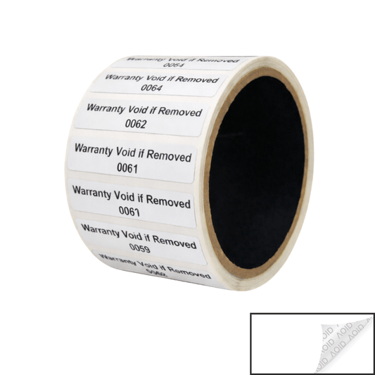 10,000 Tamper Evident White Non Residue Security Labels TamperGuard® Seal Sticker, Rectangle 2" x .5" (51mm x 13mm). Printed: Warranty Void if Removed + Serialized
