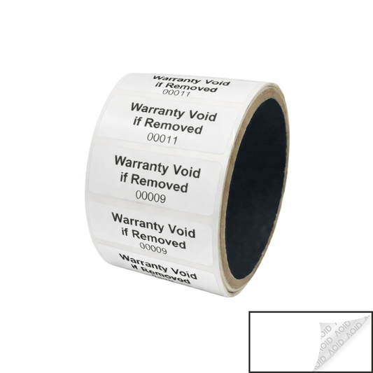 5,000 White TamperGuard® Tamper Evident Security Label Seal Sticker Non Residue, Rectangle 2" x 0.75" (51mm x 19mm). Printed: Warranty Void if Removed + Serial Number.