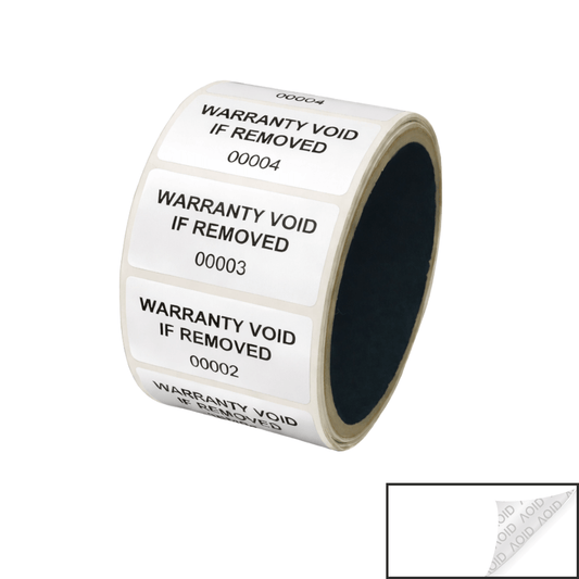 10,000 Tamper Evident White Non Residue Security Labels TamperGuard® Seal Sticker, Rectangle 2" x 1" (51mm x 25mm). Printed: Warranty Void if Removed + Serialized