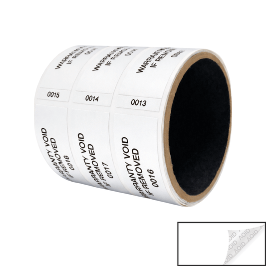 10,000 Tamper Evident White Non Residue Security Labels TamperGuard® Seal Sticker, Rectangle 2.75" x 1" (70mm x 25mm). Printed: Warranty Void if Removed + Serialized