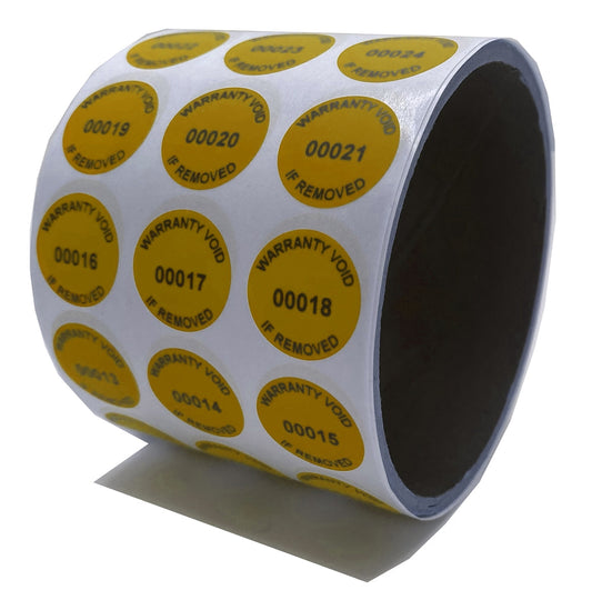 2,000 Tamper-Evident Yellow Non Residue Security Labels TamperGuard® Seal Sticker, Round/ Circle 0.75" diameter (19mm). Printed: Warranty Void if Removed + Serialized