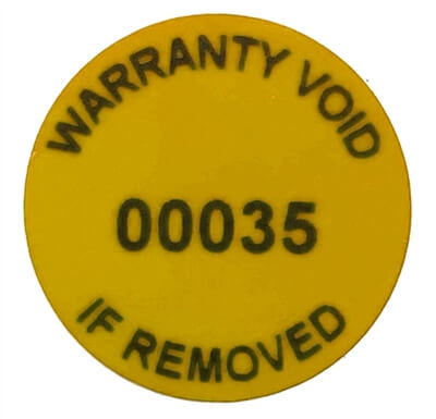 10,000 Tamper-Evident Yellow Non Residue Security Labels TamperGuard® Seal Sticker, Round/ Circle 0.75" diameter (19mm). Printed: Warranty Void if Removed + Serialized