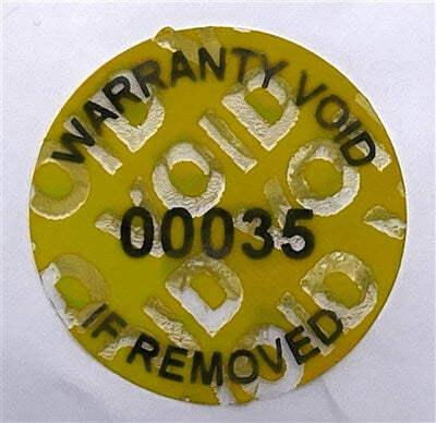 10,000 Tamper-Evident Yellow Non Residue Security Labels TamperGuard® Seal Sticker, Round/ Circle 0.75" diameter (19mm). Printed: Warranty Void if Removed + Serialized