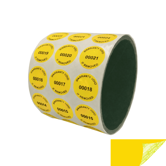 500 Tamper-Evident Yellow Non Residue Security Labels TamperGuard® Seal Sticker, Round/ Circle 0.75" diameter (19mm). Printed: Warranty Void if Removed + Serialized