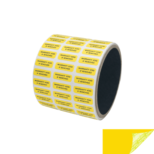 5,000 Yellow TamperGuard® Tamper Evident Security Label Seal Sticker Non Residue, Rectangle 0.75" x 0.25" (19mm x 6mm). Printed: Warranty Void if Removed + Serial Number.