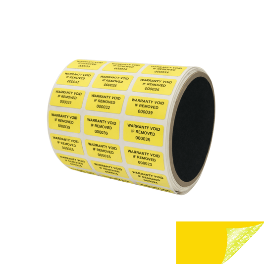 5,000 Yellow TamperGuard® Tamper Evident Security Label Seal Sticker Non Residue, Rectangle 1"x 0.5" (25mm x 13mm). Printed: Warranty Void if Removed + Serial Number.