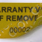 250 Tamper-Evident Yellow Non Residue Security Labels TamperGuard® Seal Sticker, Rectangle 1.5" x 0.6" (38mm x 15mm). Printed: Warranty Void if Removed + Serialized