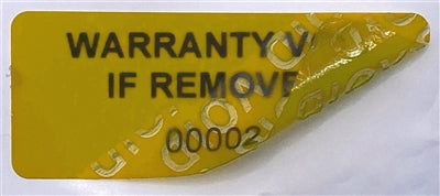 250 Tamper-Evident Yellow Non Residue Security Labels TamperGuard® Seal Sticker, Rectangle 1.5" x 0.6" (38mm x 15mm). Printed: Warranty Void if Removed + Serialized