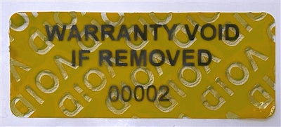 250 Tamper-Evident Yellow Non Residue Security Labels TamperGuard® Seal Sticker, Rectangle 1.5" x 0.6" (38mm x 15mm). Printed: Warranty Void if Removed + Serialized