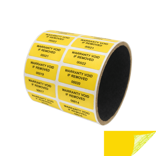 500 Tamper-Evident Yellow Non Residue Security Labels TamperGuard® Seal Sticker, Rectangle 1.5" x 0.6" (38mm x 15mm). Printed: Warranty Void if Removed + Serialized