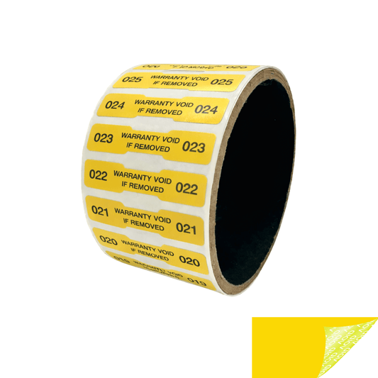 500 Tamper Evident Yellow Non Residue Security Labels TamperGuard® Seal Sticker, Dogbone 1.75" x 0.375" (44mm x 9mm). Printed: Warranty Void if Removed + Serialized