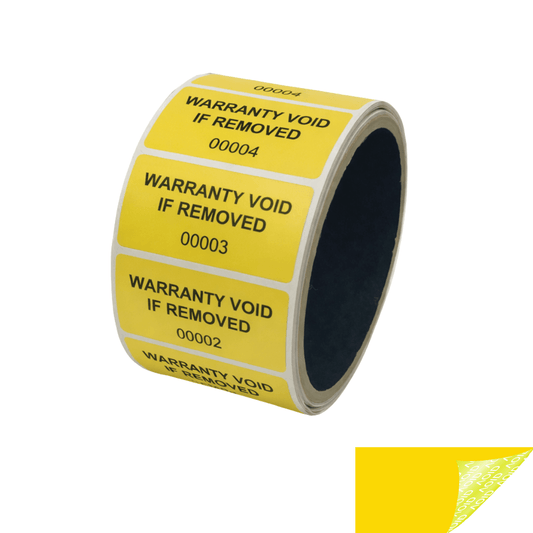 500 Tamper Evident Yellow Non Residue Security Labels TamperGuard® Seal Sticker, Rectangle 2" x 1" (51mm x 25mm). Printed: Warranty Void if Removed + Serialized