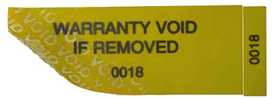 500 Tamper-Evident Yellow Non Residue Security Labels TamperGuard® Seal Sticker, Rectangle 2.75" x 1" (70mm x 25mm). Printed: Warranty Void if Removed + Serialized