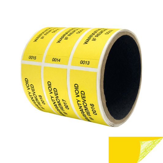500 Tamper-Evident Yellow Non Residue Security Labels TamperGuard® Seal Sticker, Rectangle 2.75" x 1" (70mm x 25mm). Printed: Warranty Void if Removed + Serialized