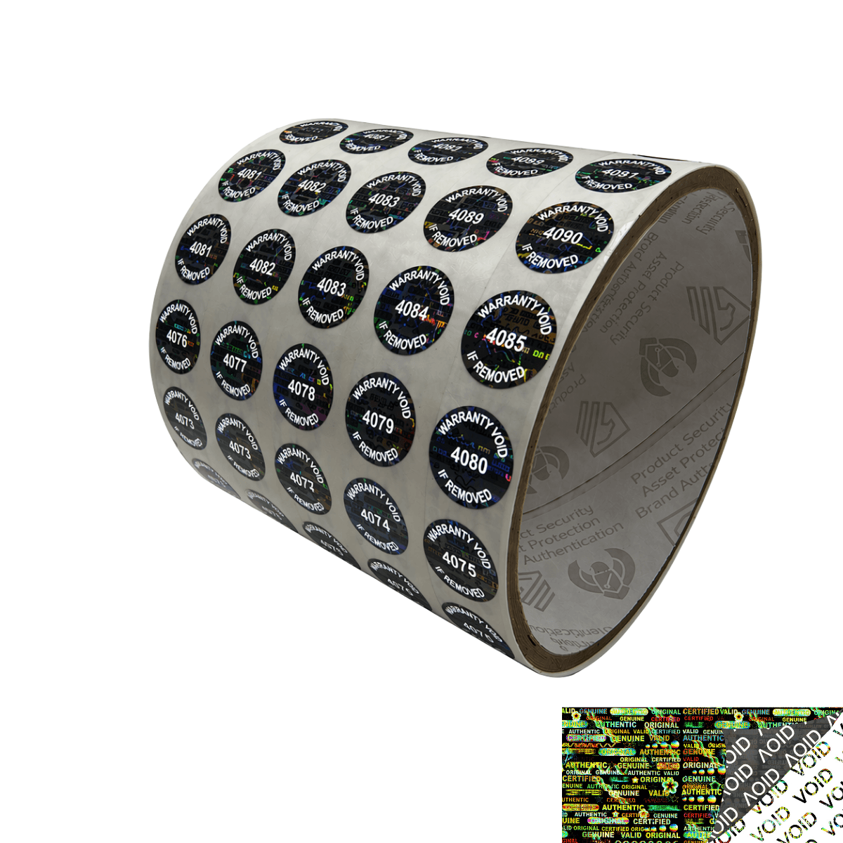 1,000 Black Tamper Evident Holographic Security Round Label Seal Sticker TamperMax®, Circle 0.5" diameter (13mm). Printed: Warranty Void if Removed + Serialization