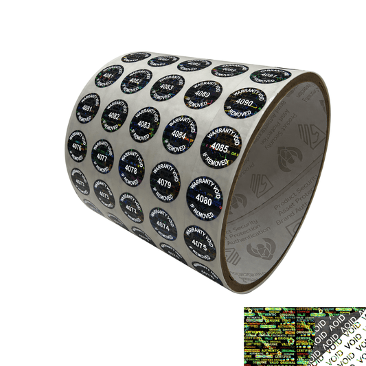 250 Black Tamper Evident Holographic Security Round Label Seal Sticker TamperMax®, Circle 0.5" diameter (13mm). Printed: Warranty Void if Removed + Serialization