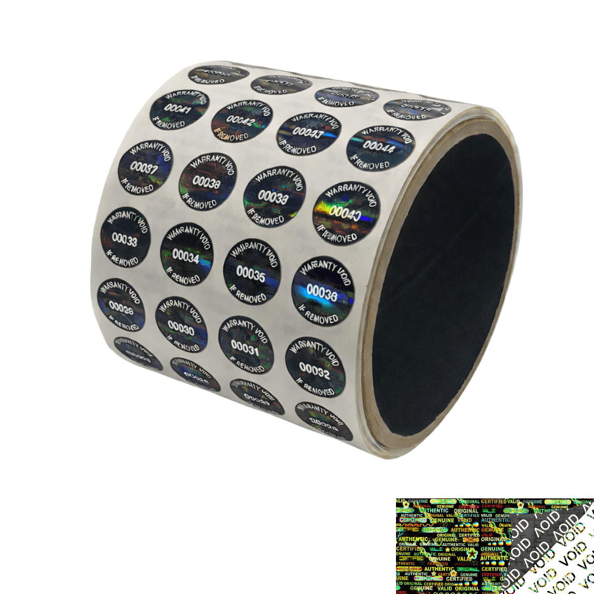 1,000 Black Tamper Evident Holographic Security Round Label Seal Sticker TamperMax®, Circle 0.625" diameter (16mm). Printed: Warranty Void if Removed + Serialization