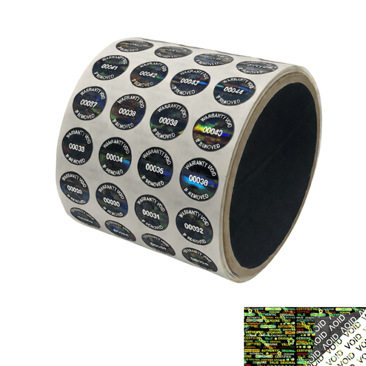 250 Black Tamper Evident Holographic Security Round Label Seal Sticker TamperMax®, Circle 0.625" diameter (16mm). Printed: Warranty Void if Removed + Serialization