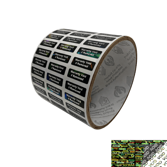 1,000 Black Tamper Evident Holographic Security Label Seal Sticker TamperMax®, Rectangle 0.75" x 0.25" (19mm x 6mm). Printed: Warranty Void if Removed.