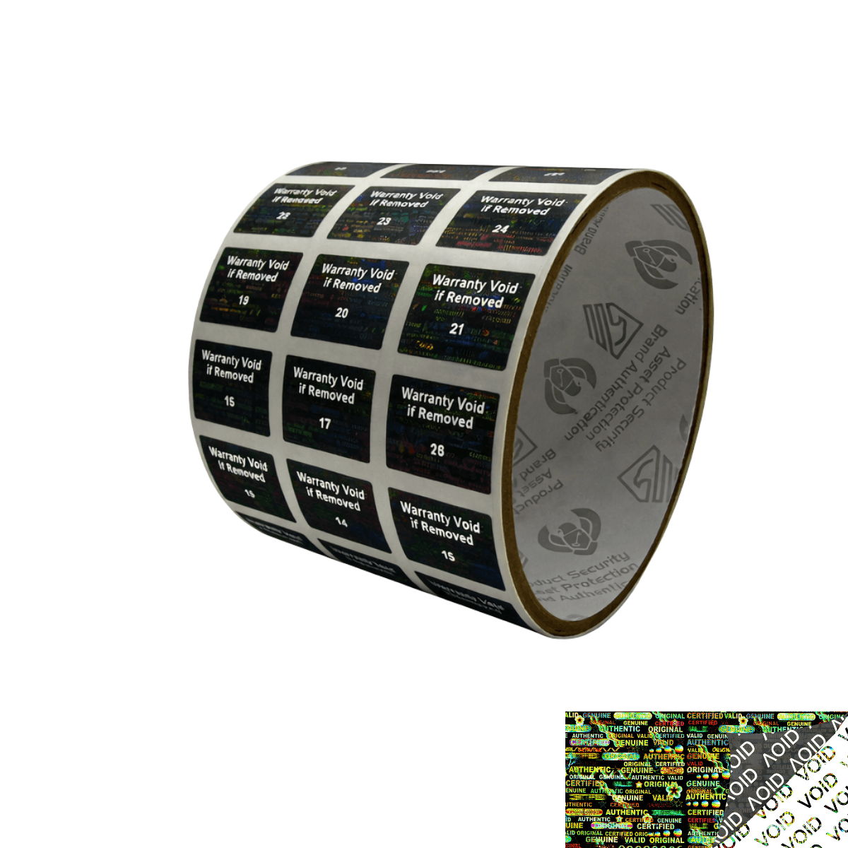 1,000 Black Tamper Evident Holographic Security Label Seal Sticker TamperMax®, Rectangle .75" x 0.6" (19mm x 15mm). Printed: Warranty Void if Removed + Serialization
