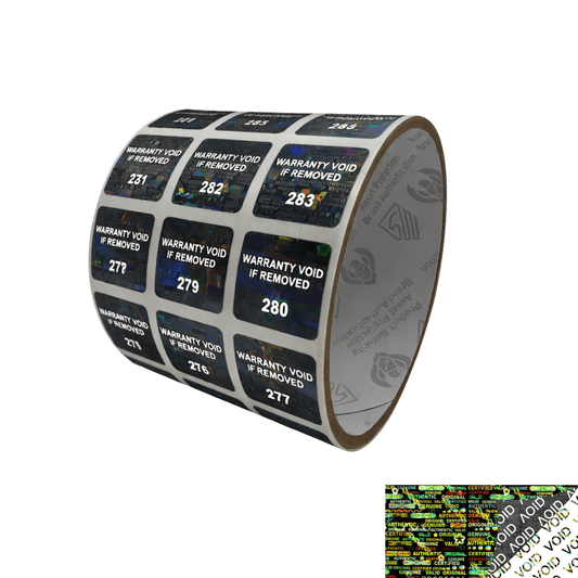 1,000 Black Tamper Evident Holographic Security Label Seal Sticker TamperMax®, Square 0.75" (19mm). Printed: Warranty Void if Removed + Serialization