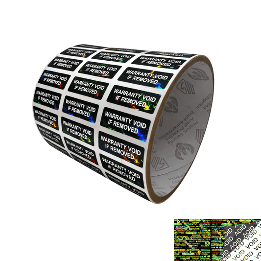250 Tamper Evident Holographic Bright Black Security Label Seal Sticker TamperMax, Rectangle 1" x 0.375" (25mm x 9mm). Printed: Warranty Void if Removed.