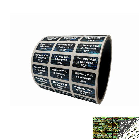 250 Tamper Evident Holographic Bright Black Security Label Seal Sticker TamperMax, Rectangle 1" x 0.5" (25mm x 13mm). Printed: Warranty Void if Removed.