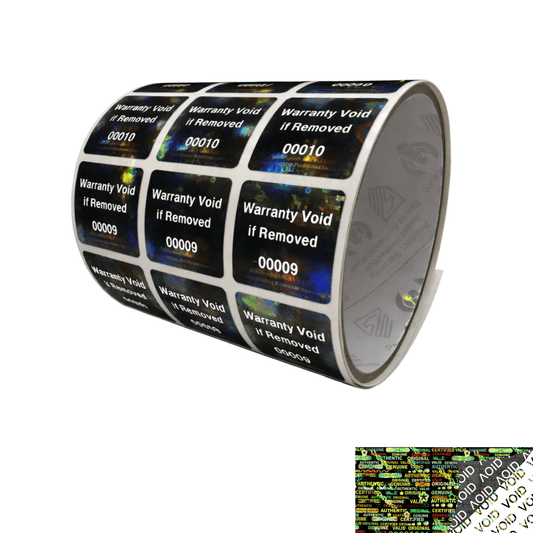 1,000 Black Tamper Evident Holographic Security Label Seal Sticker TamperMax®, Square 1" x 1" (25mm x 25mm). Printed: Warranty Void if Removed + Serialization