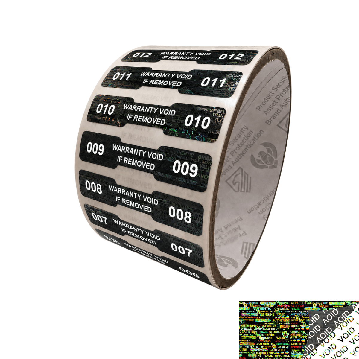 250 Black Tamper Evident Holographic Security Label Seal Sticker, Dogbone 1.75" x 0.375" (44mm x 9mm). Printed: Warranty Void if Removed + Serialization